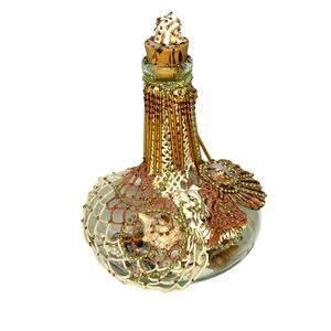 Elegant Beach Decor Glass Bottle Artisan Shell Netting Beaded Gold Ivory 10"